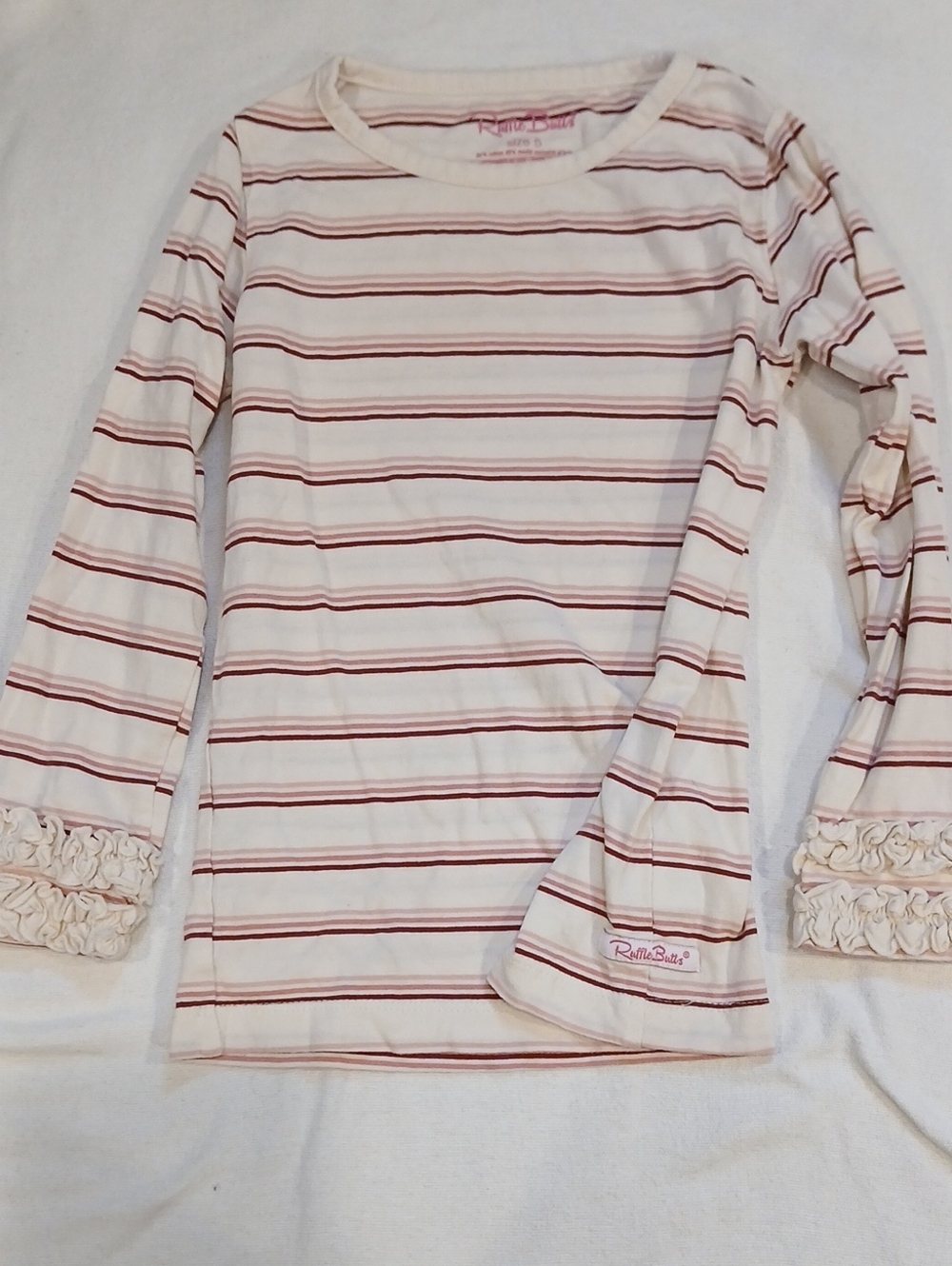 Ruffle Butts Cream & Burgundy Striped Long Sleeve Top with Ruffle Cuffs